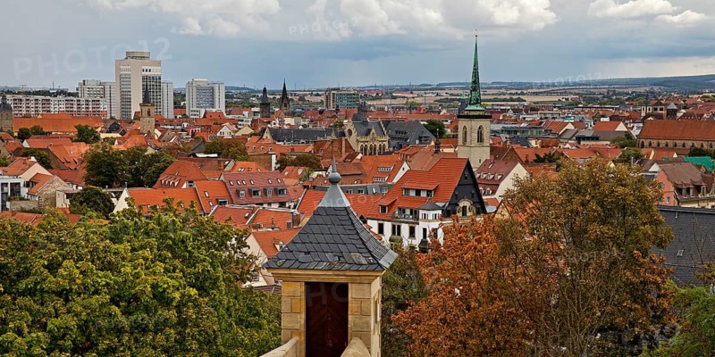 City view of Petersberg Citadel with old architecture of the old town and new buildings