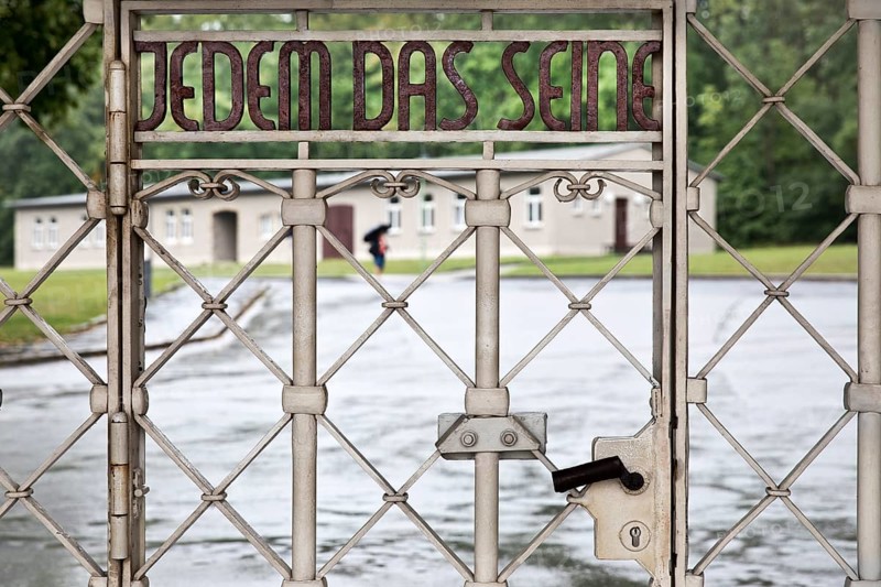 Entrance gate to beech forest concentration camp with the saying Jedem das Seine