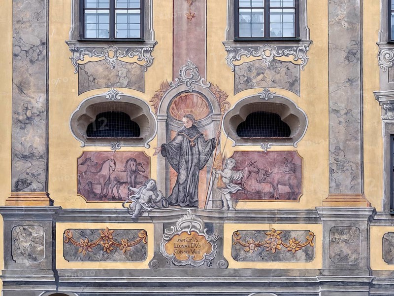 Detail of the painted facade of the former Ursuline Church of the Holy Trinity and Adult Education Centre today