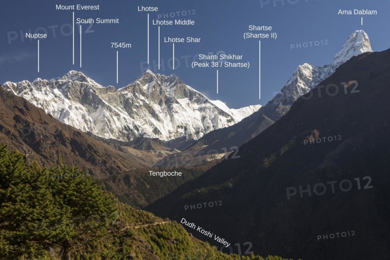 Eight-thousanders viewed from Namche Bazaar: Mount Everest and Lhotse
