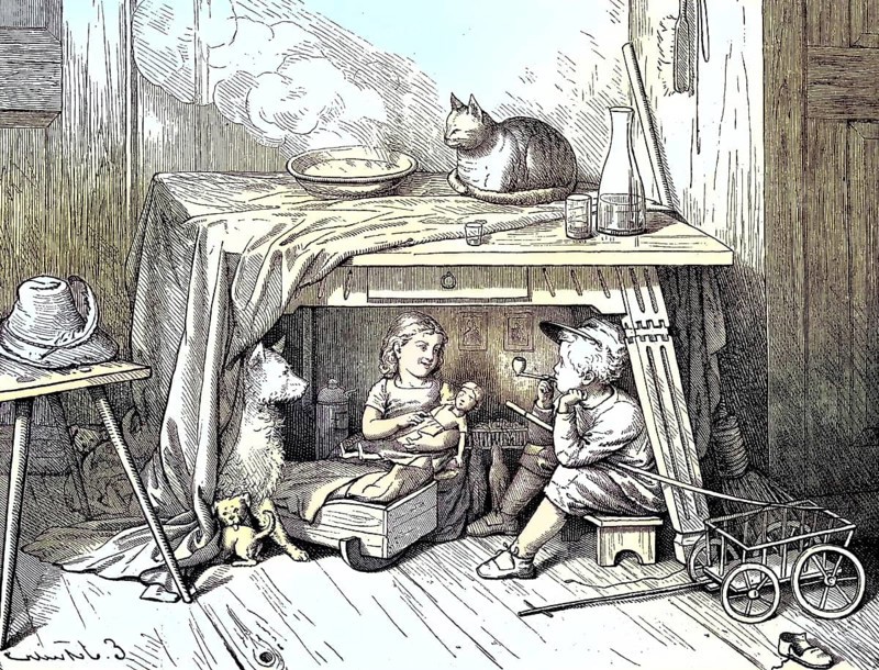 Boy secretly smoking a pipe under the table. Children playing family with doll and pets