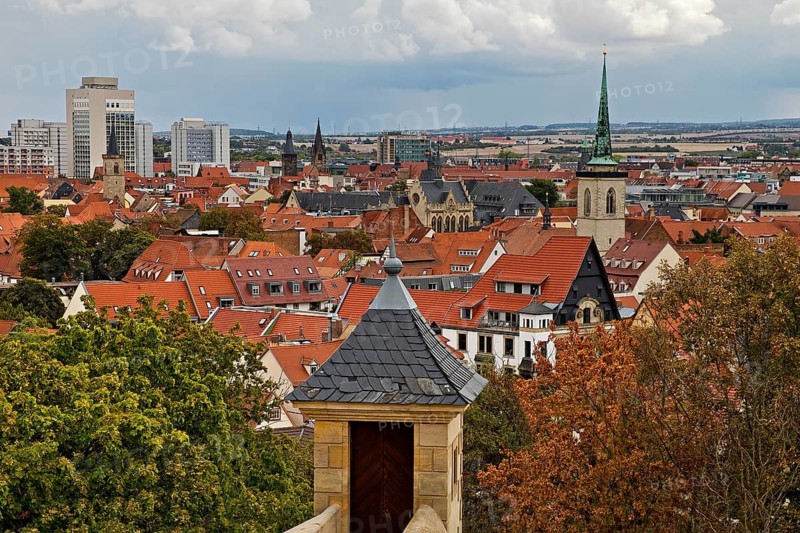 City view of Petersberg Citadel with old architecture of the old town and new buildings