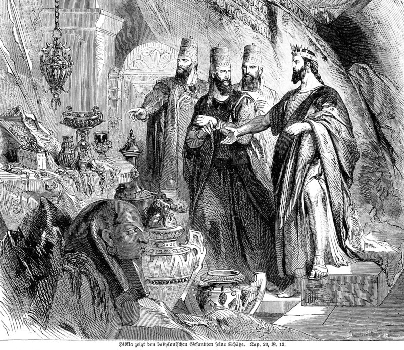 Hezekiah shows the Babylonian envoys his treasures