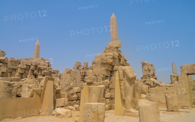 Temple ruins with 2 obelisks in the temple area of Thutmosis III