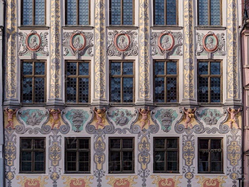 Detail Historic town hall with a magnificent rococo facade on the main square