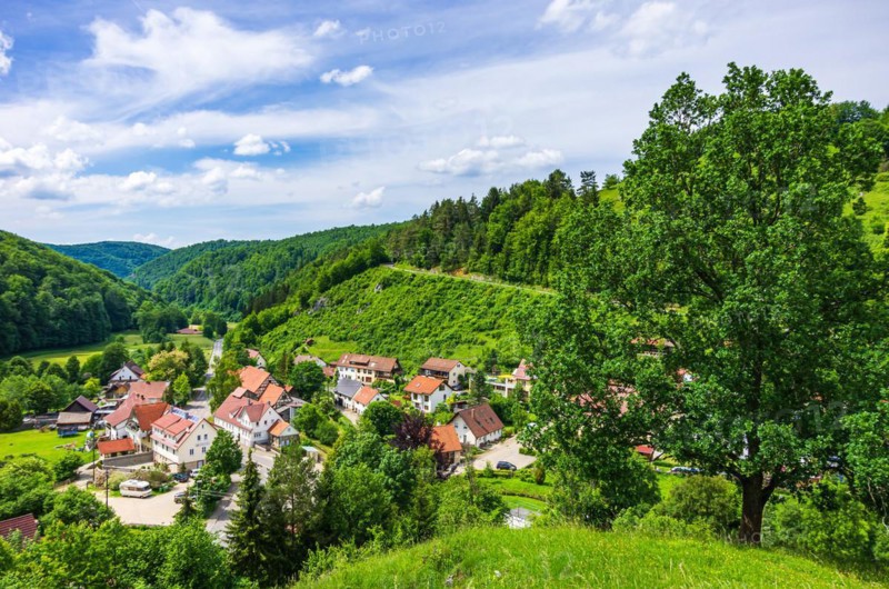 View over the village of Seeburg on the Swabian Alb between Bad Urach and Muensingen