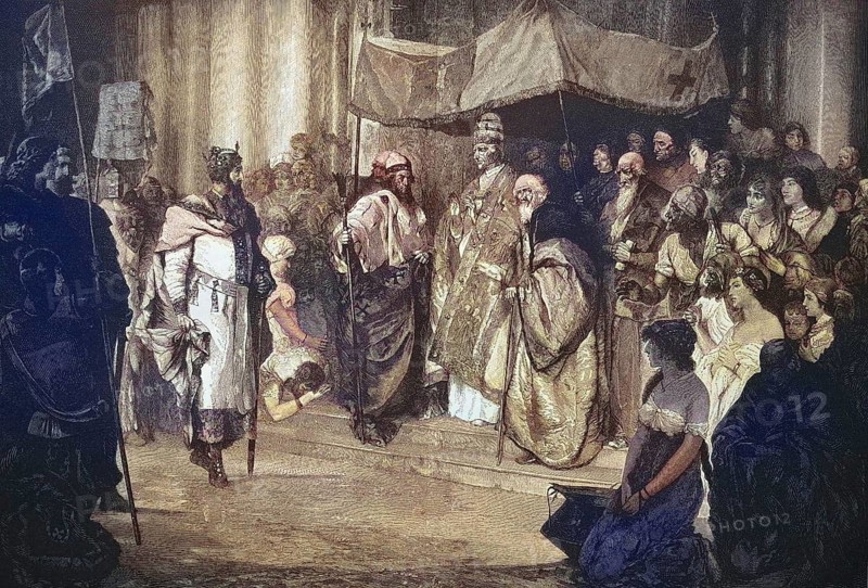 Meeting of Emperor Frederick Barbarossa and Pope Alexander III on 24 June 1177. Frederick