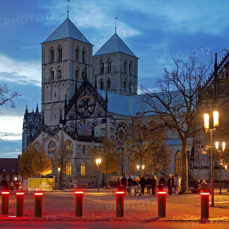 Red luminous bollards on the Domplatz with St. Pauls Cathedral