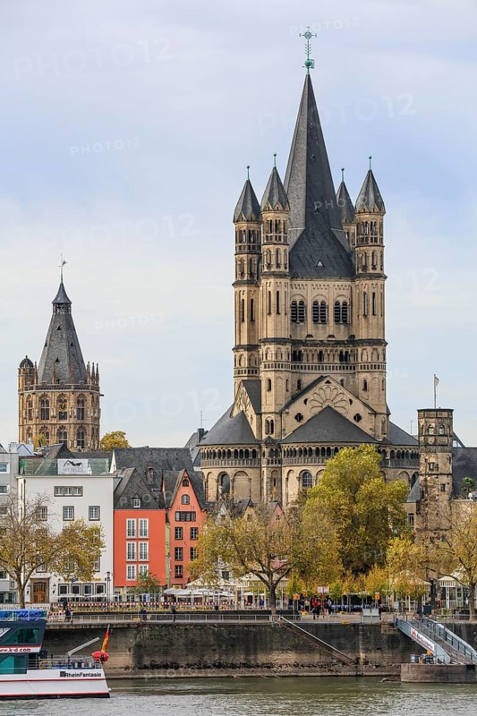View from the Rhine bank Cologne Deutz over the Rhine to Romanesque church Gross St. Martin