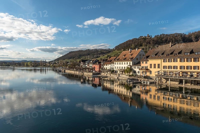 View over the Rhine to the old town with lakeside promenade and Hohenklingen Castle