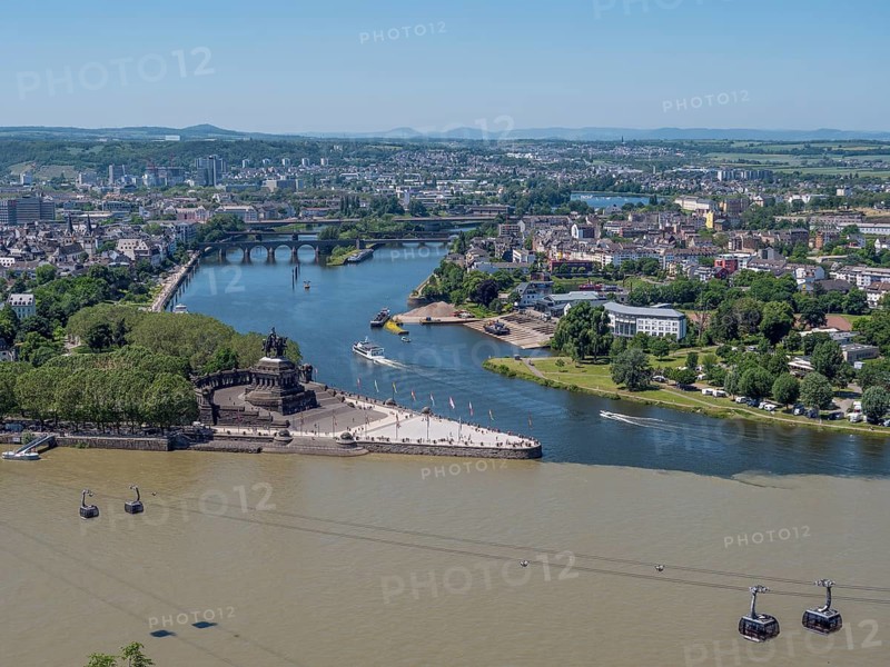 Deutsches Eck with Kaiser Wilhelm I monument and cable car cabins at the confluence of the Moselle and Rhine