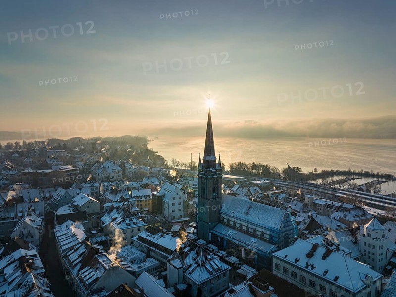 Aerial view of the town of Radolfzell on Lake Constance in winter with the Radolfzell Minster District of Constance