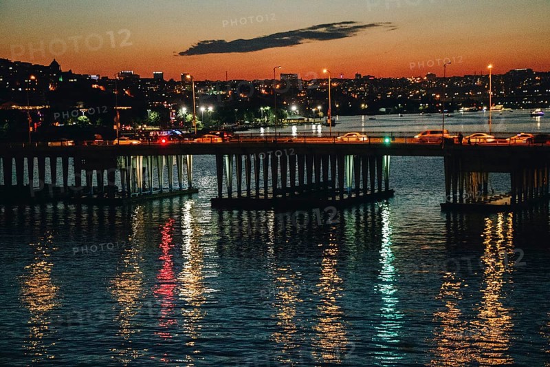 Ataturk bridge on Golden Horn at night on display