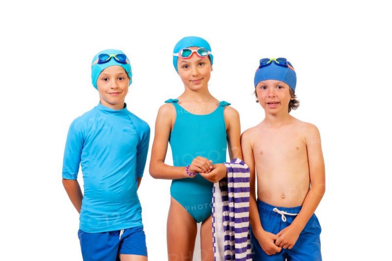 Children dressed in swimsuits for swimming lessons in the pool. White background