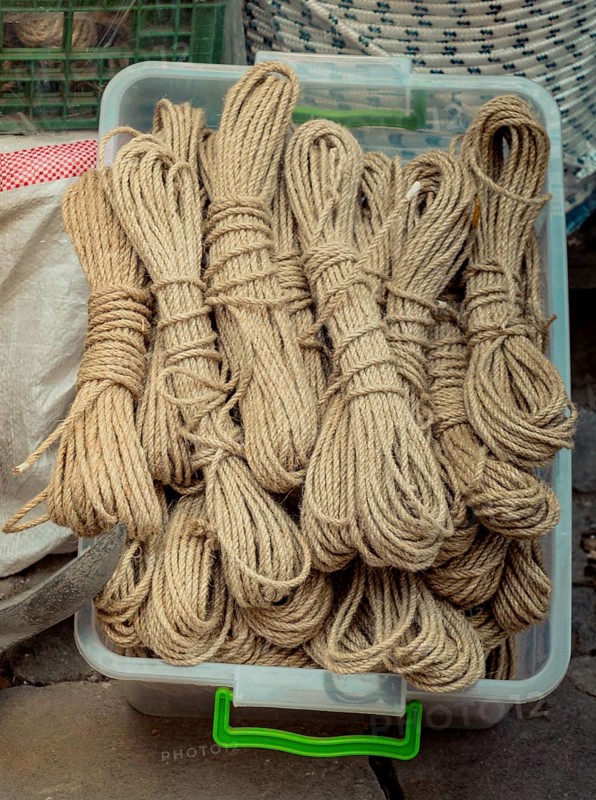 Bundle of linen rope in a market place