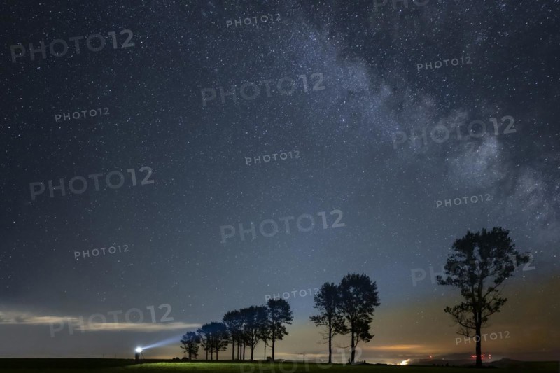 Group of trees with photographer and Milky Way with starry sky