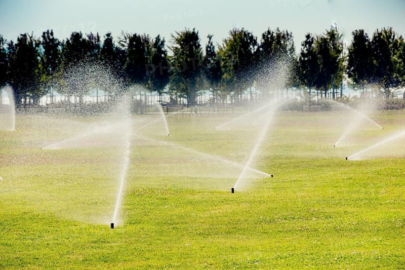 Lawn water sprinkler spraying water over grass in garden