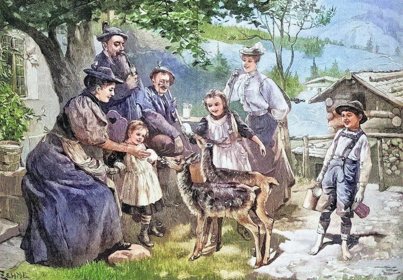 Two motherless fawns being bottle-fed by a farmer's family