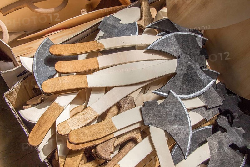 Steel axes with wooden handle in the view