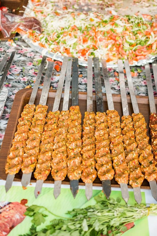 Turkish Adana/Urfa Kebab getting ready to be grilled in display