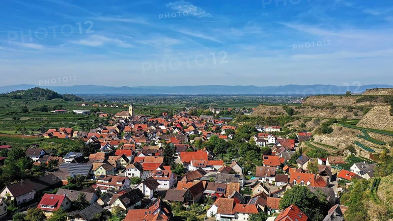 Aerial view of Vogtsburg am Kaiserstuhl with a view of the town. Vogtsburg am Kaiserstuhl