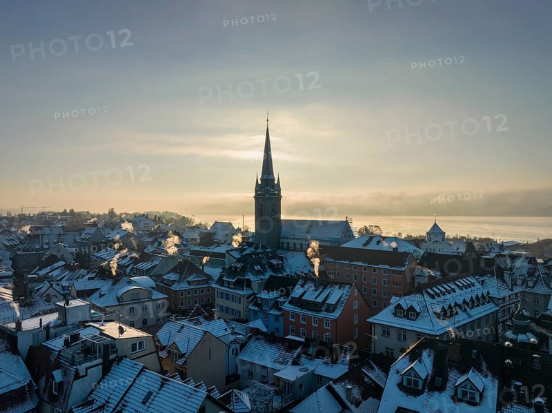 Aerial view of the town of Radolfzell on Lake Constance in winter with the Radolfzell Minster District of Constance