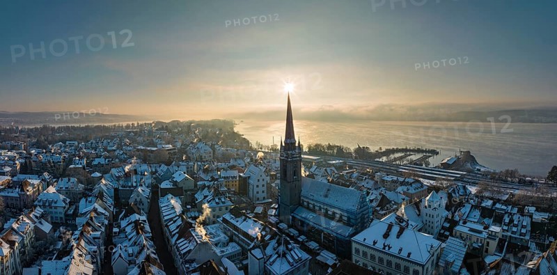 Aerial view of the town of Radolfzell on Lake Constance in winter with the Radolfzell Minster District of Constance