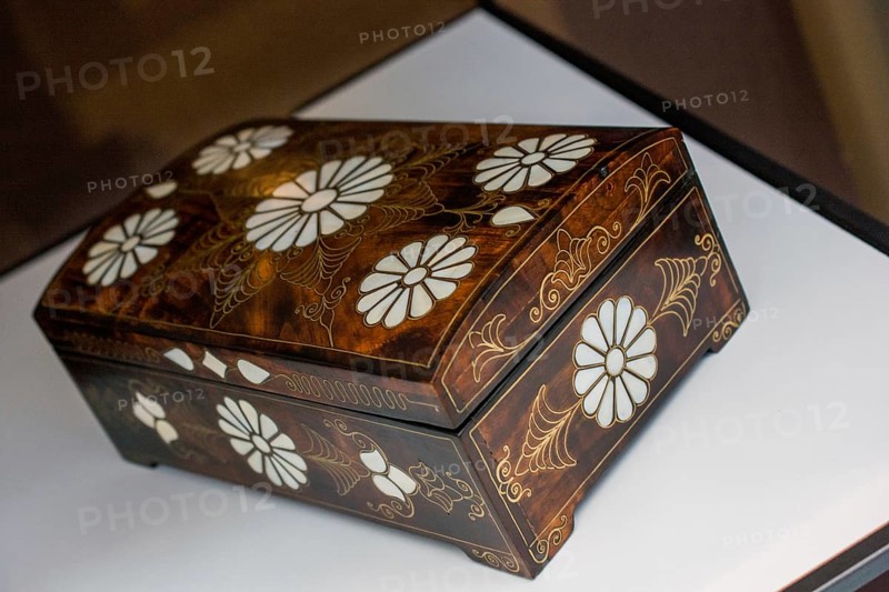 Ancient style wooden treasure chest with mother of pearl inlay