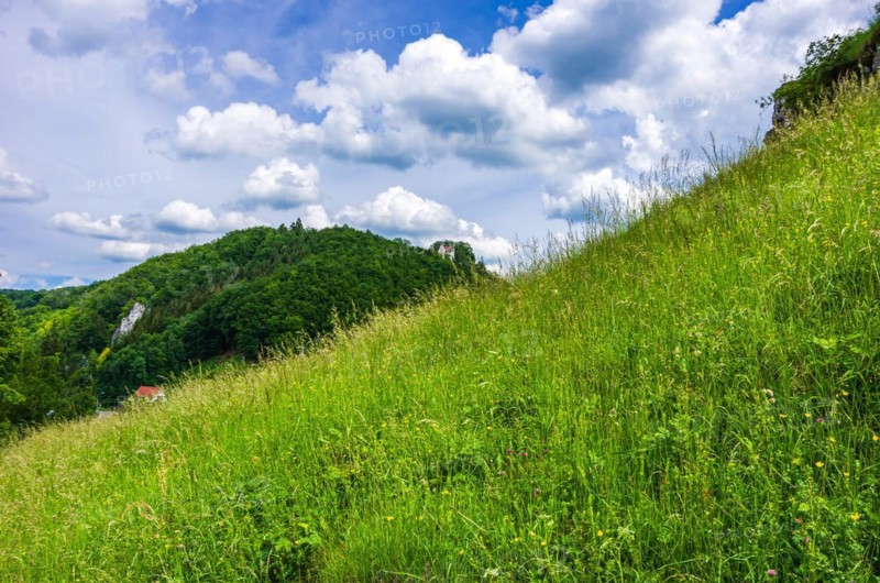 Landscape of the Swabian Alb with a view of Uhenfels Castle near Seeburg between Bad Urach and Muensingen