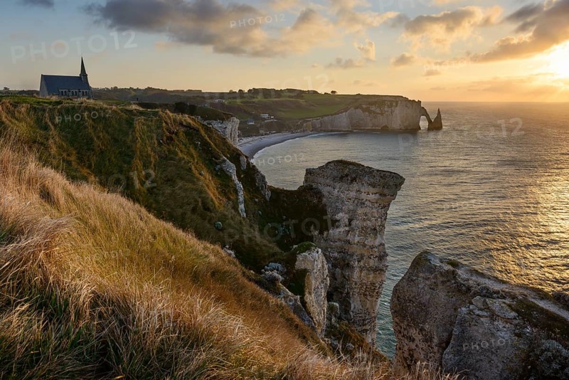 View of Etretat with Chapelle Notre-Dame de la Garde