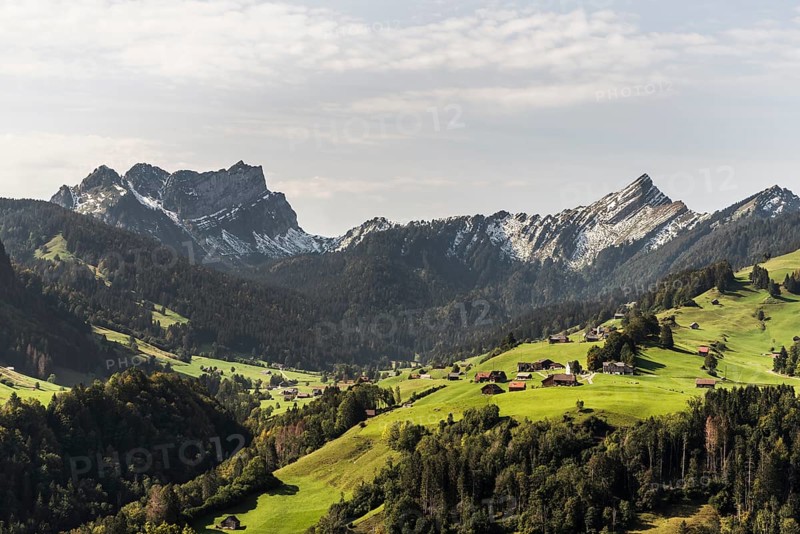 Landscape in Toggenburg with view of the mountains Mattstock