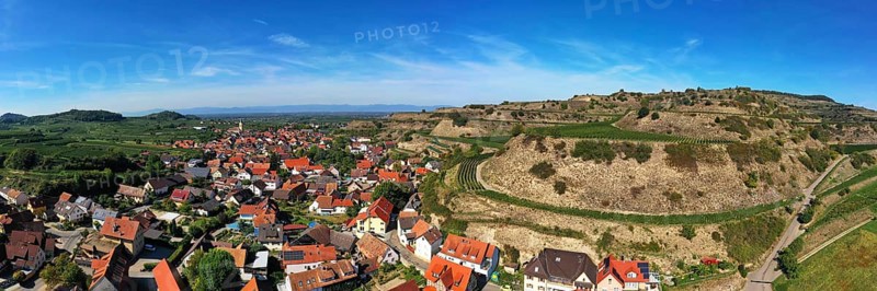Aerial view of Vogtsburg am Kaiserstuhl with a view of the town. Vogtsburg am Kaiserstuhl