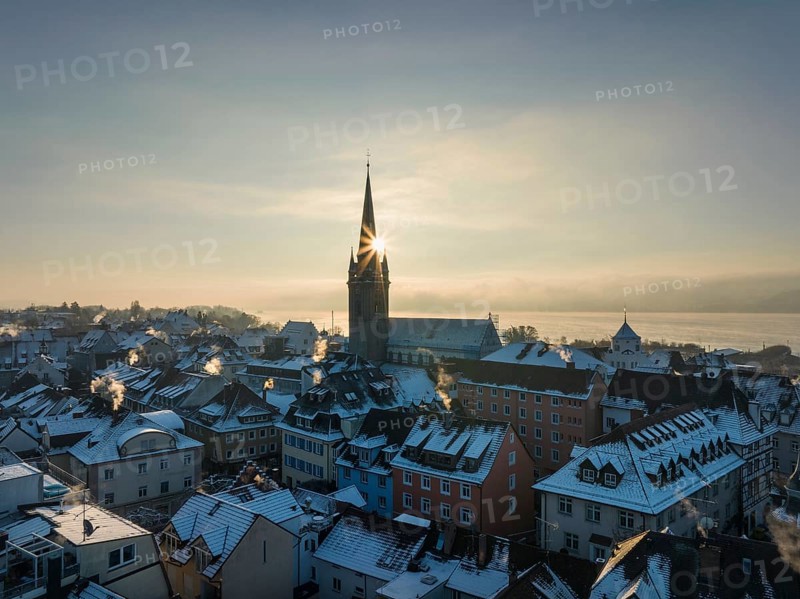 Aerial view of the town of Radolfzell on Lake Constance in winter with the Radolfzell Minster District of Constance