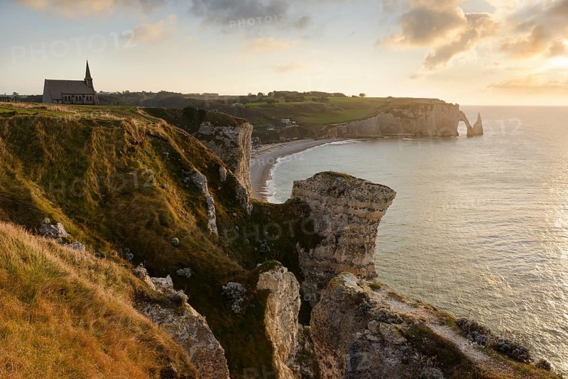 View of Etretat with Chapelle Notre-Dame de la Garde