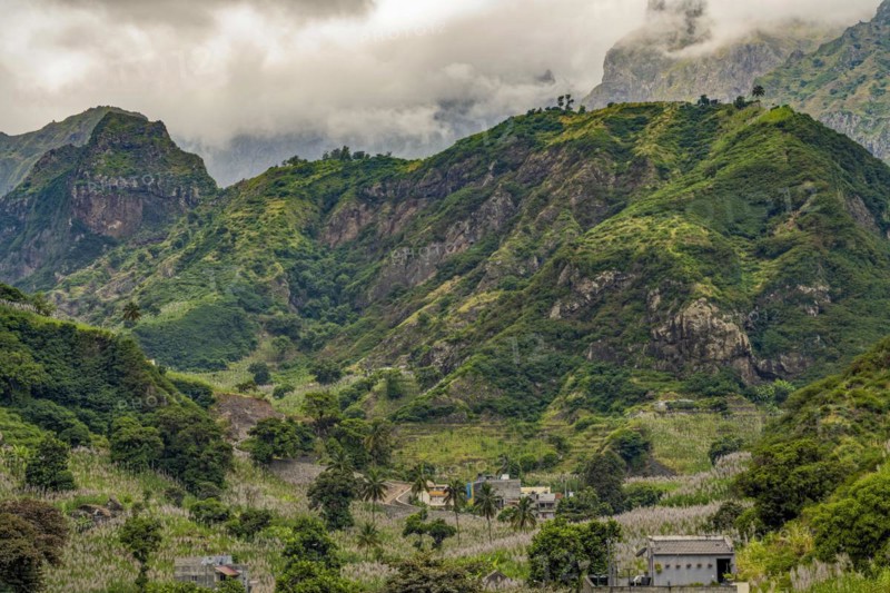 Mountain Landscape with Buildings Santo Antao Island Cape Verde
