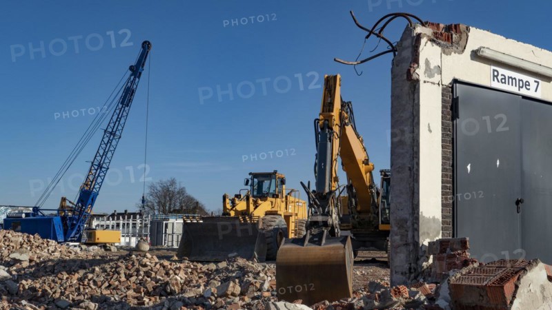 Demolition work with heavy construction machinery