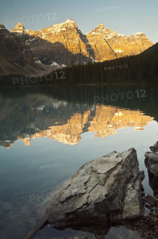 Valley of the Ten Peaks reflected in Moraine Lake at sunrise