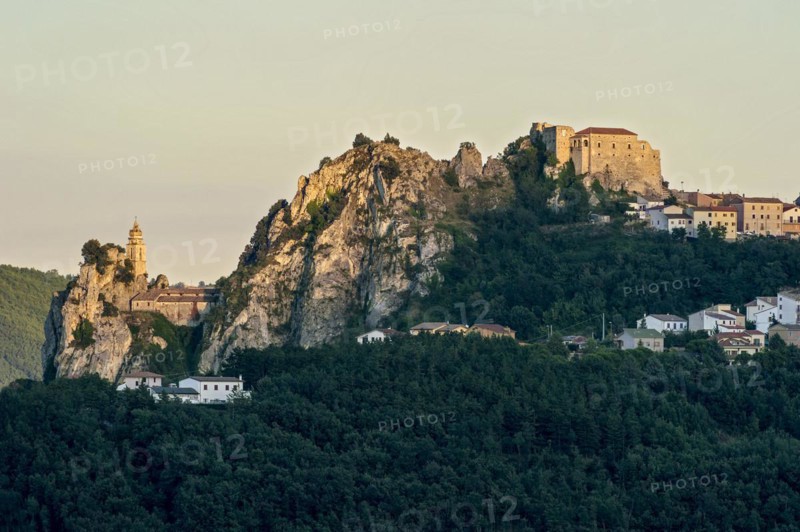 View of the rocky town of Bagnoli del Trigno with the church Chiesa di San Silvestro and the ruined castle Castello San Felice