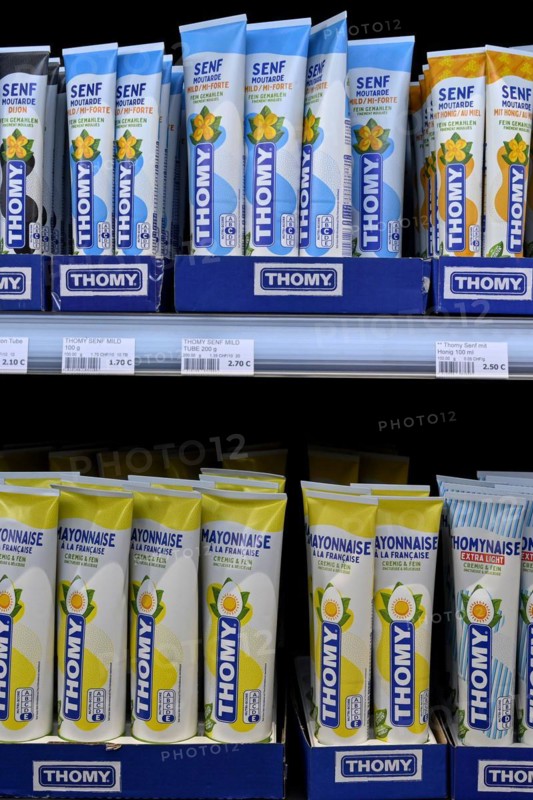 Thomy mustard tubes and mayonnaise sales shelf