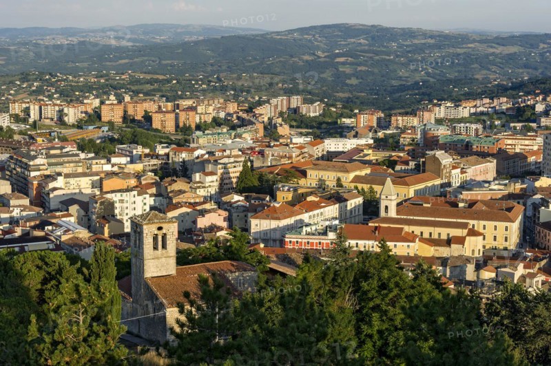 View from Castello Monforte on Campobasso with church San Bartolomeo and cathedral