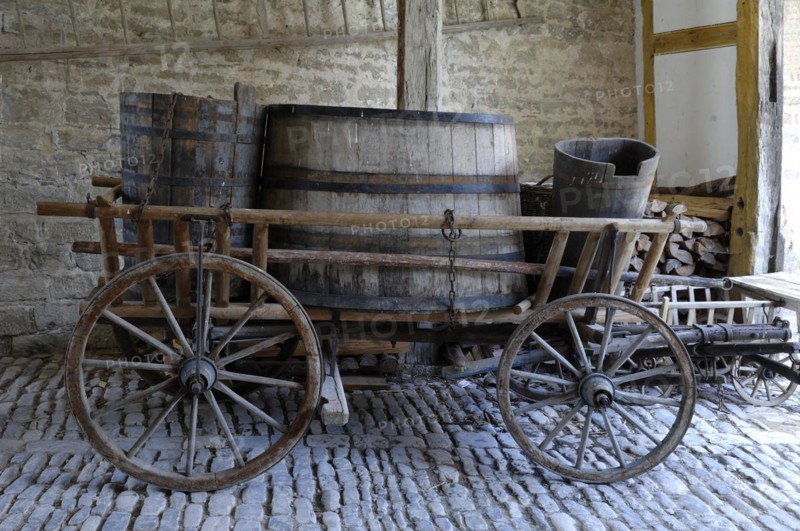 Old ladder wagon with wooden vessels for the grape grape harvest in the passage from the Schultheissenhof