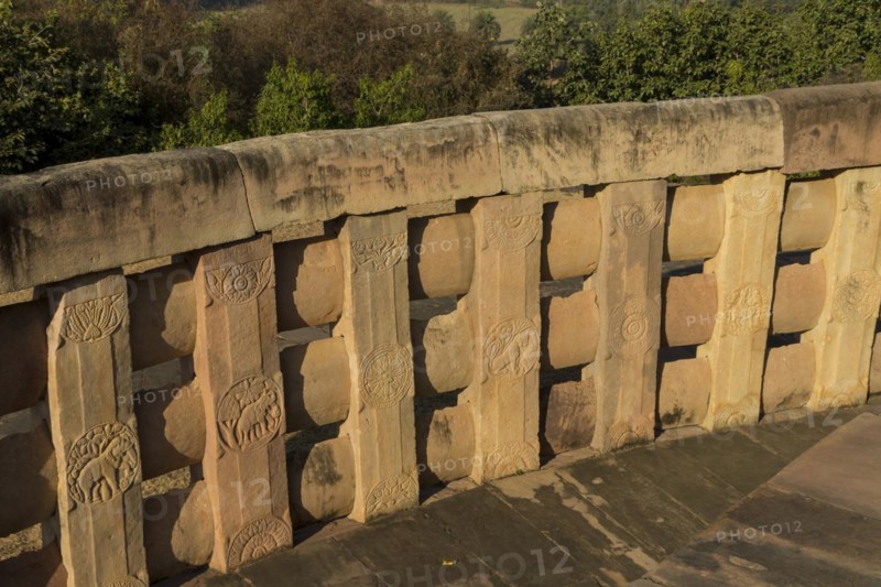 Balustrade of Stupa 2 with decorative carvings. Buddhist Monuments at Sanchi. UNESCO World Heritage Site. Sanchi