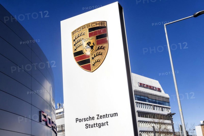 Porscheplatz Zuffenhausen with Porsche logo and headquarters