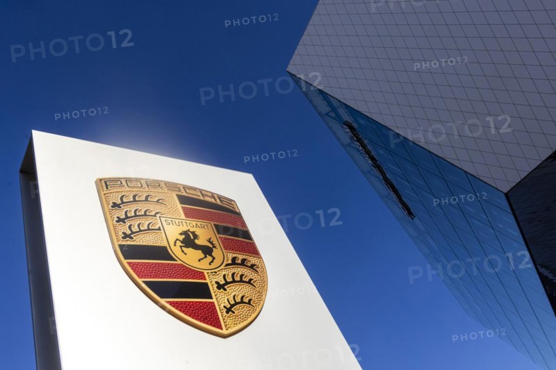 Porscheplatz Zuffenhausen with Porsche logo and headquarters