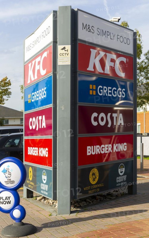 Notice board sign of brands at Reading West motorway service station