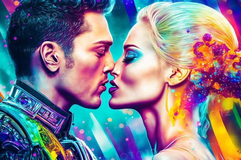 Glamorous futuristic couple kissing on colorful futuristic. Ai generated
