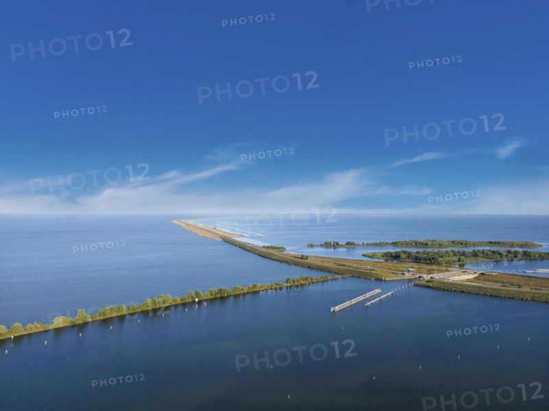 Aerial view with the Markerwaarddijk between Markermeer and IJsselmeer