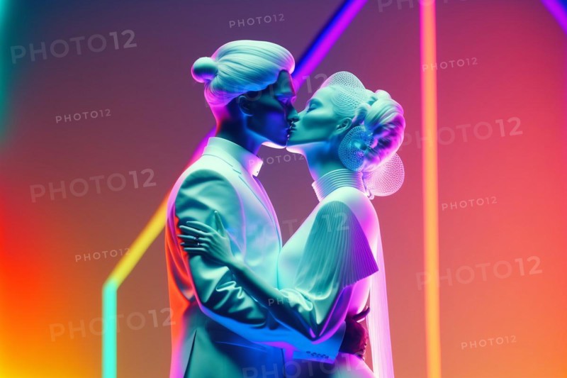 Glamorous futuristic couple kissing on colorful futuristic. Ai generated