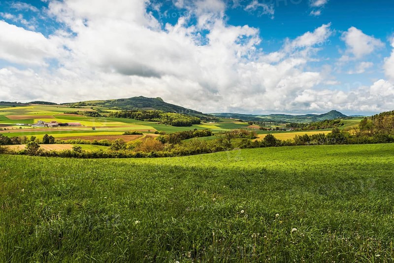 Hegau landscape with view of the Hegau volcanoes Hohenstoffeln and Hohenhewen