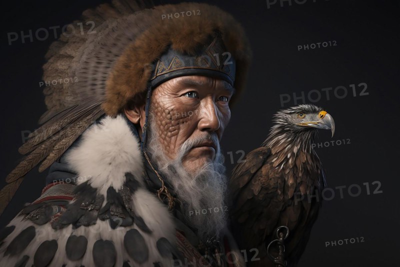 Kazakh Golden Eagle Hunter Tribe Portrait. Ai generated art